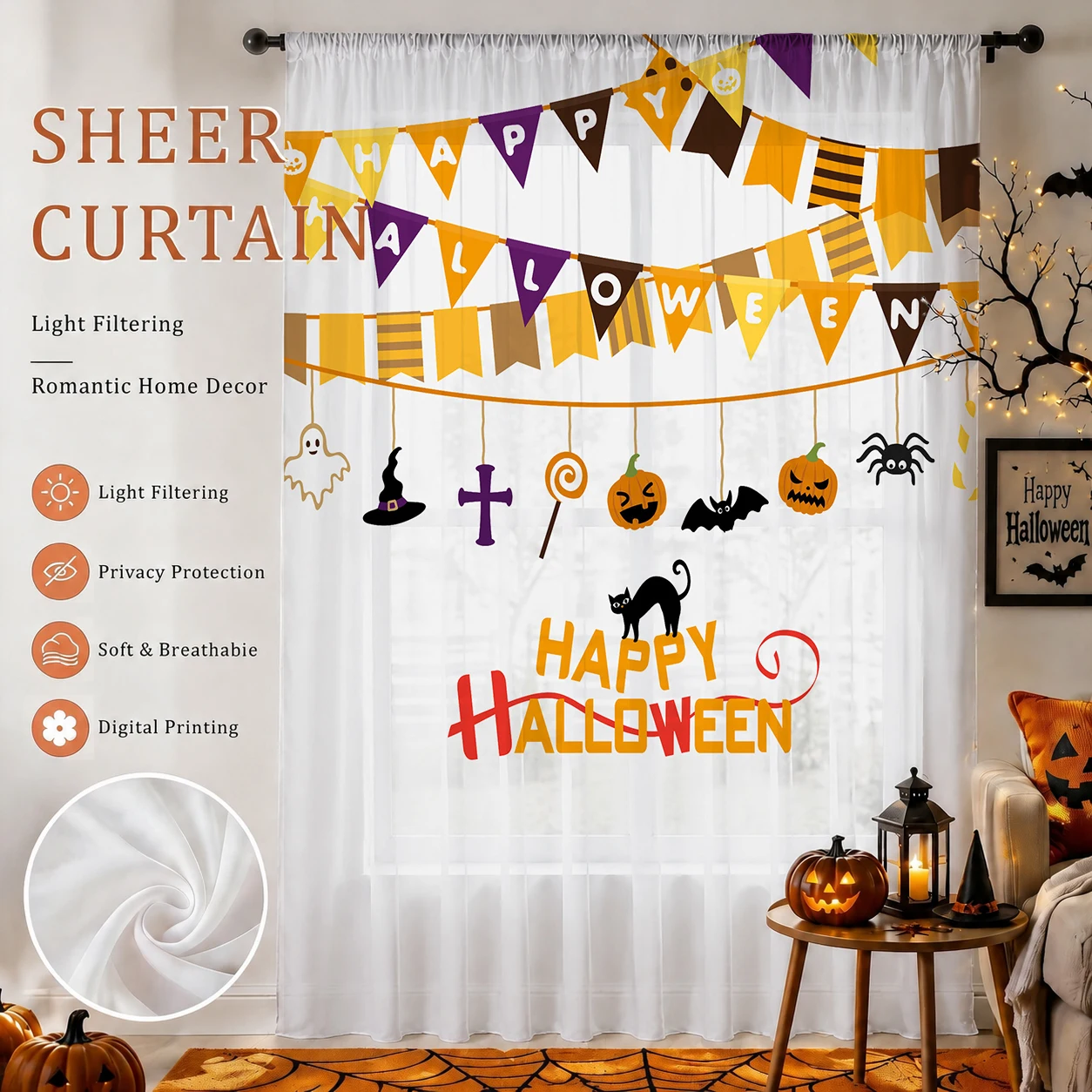 Curtain Sheer Voile - Halloween Festival Sheer Curtain, Good Quality